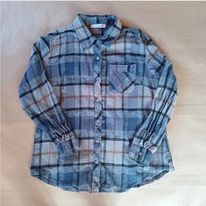 Keren Hart Flannel Button Up Shirt Long Sleeve Plaid 100% Cotton Gray L Country